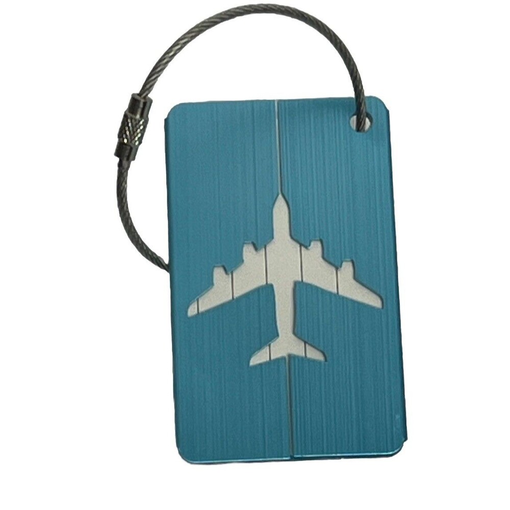 Luggage Tag Blue LOT 2 Airplane Travel Suitcase Label Aluminum Secure Cable New